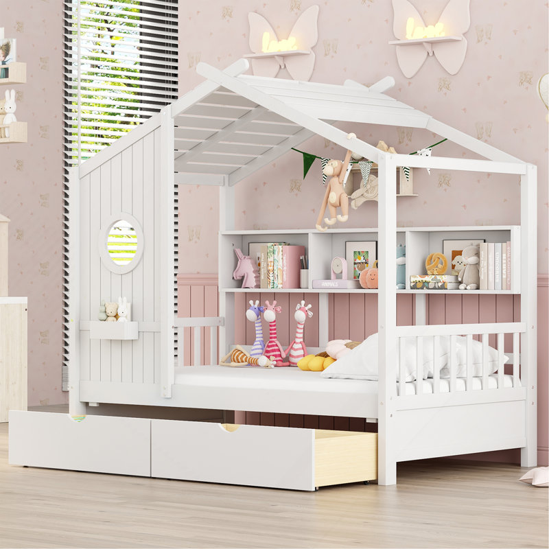 Lit simple en bois avec 2 tiroirs, lit pour enfant avec tablette de rangement, blanc, Lit simple