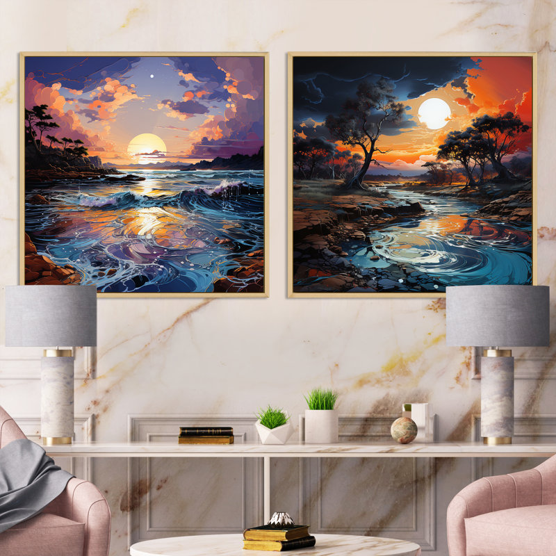 «Storms Charm», ensemble de 2 collages carrés, H 16 po x l 33 po, Cadre flottant brun