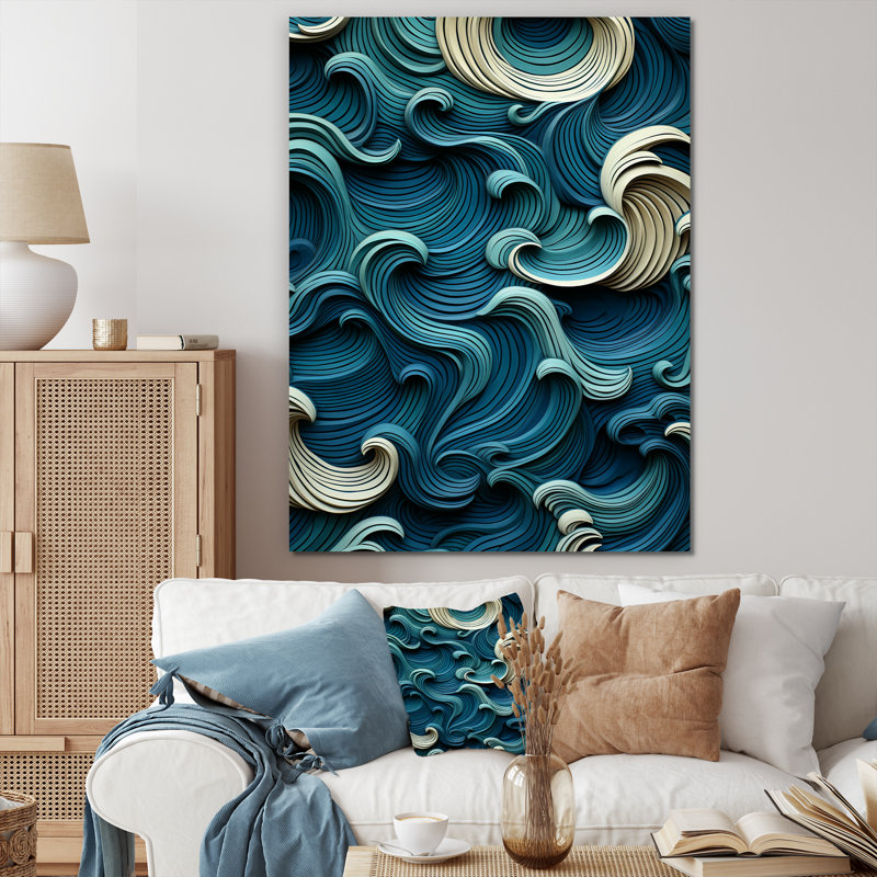 «Blue and White Wave Tiles Impressions II», art mural vagues, Toile tendue, 60" H x 28" W