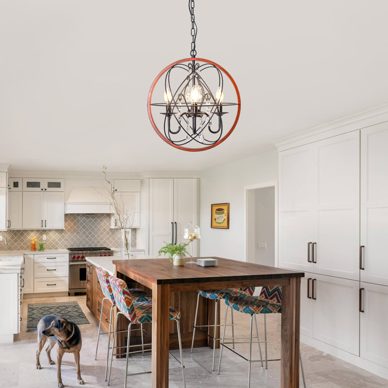 Luminaire suspendu 4 lumières orbe en cristal, table de salle à manger style globe bougie 17 "