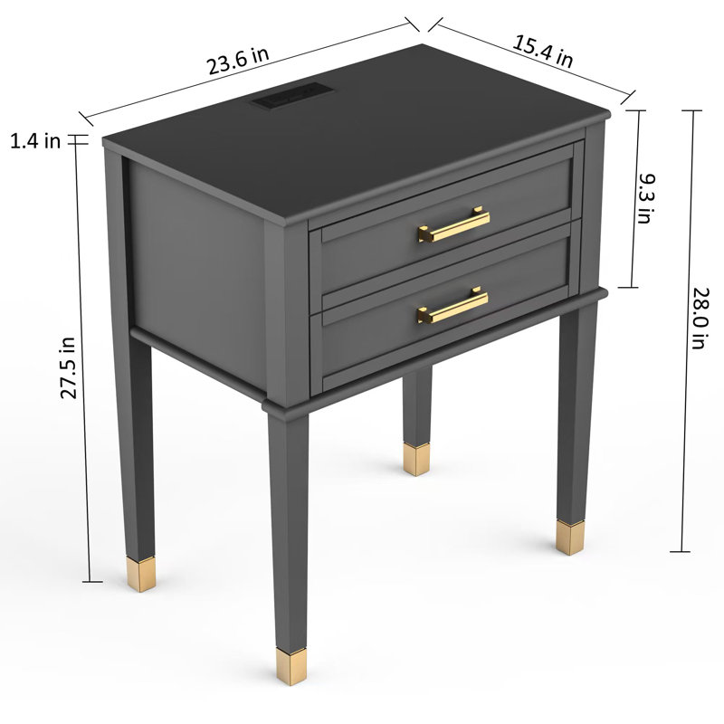 Solid Wood Nightstand with Big Drawer，2 Power Outlets, 1 USB Port & 1 Type C Port, Gray