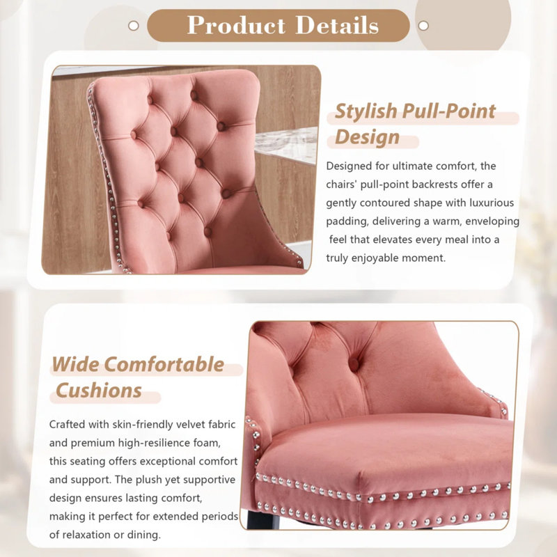 Seita Modern Velvet Wingback Tufted Solid Wood Upholstered Dining Chairs, 4, Pink, Black