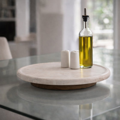 Marble and Acacia Wood Lazy Susan Tray for Home Accent - Decorative Round Turntable for Coffee Table or Dining Room - 20", Ivory 