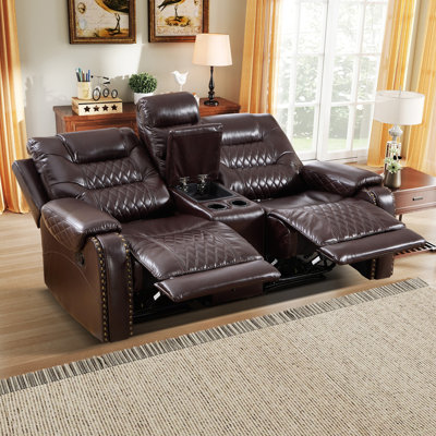 75.6'' Wide Upholstered Faux Leather Manual Reclining Loveseat With Center Console And Cup Holders