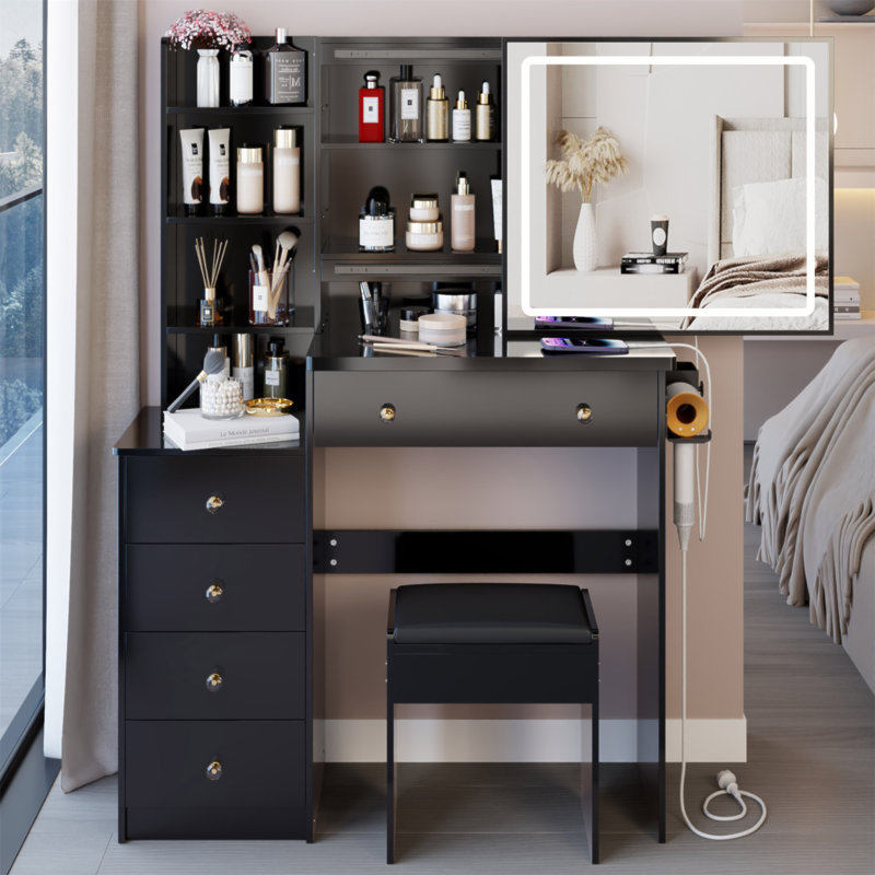 37" Middle Size Left Bedside Cabinet Vanity Table + Cushioned Stool Dresser Set, 2 AC+2 USB Socket, Hair Dryer Stand, Large Touch Control LED Sliding Mirror, 3-Color Switch, EPA, GCC, UL Certificate