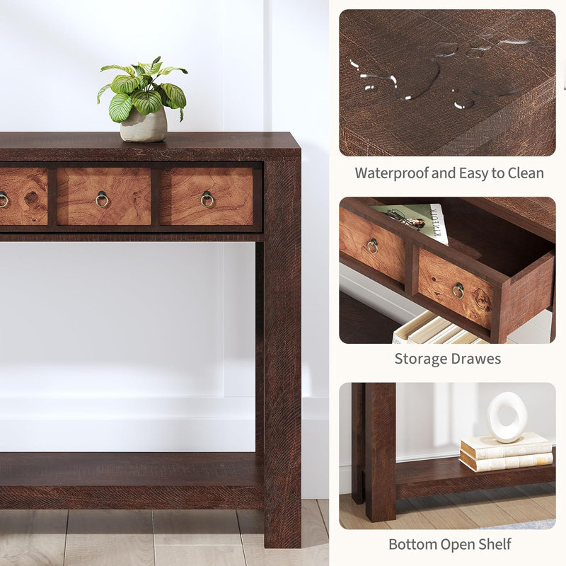 Console de 59 po avec 2 tiroirs et 2 tablettes de rangement ouvertes
