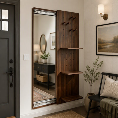 Miroir pleine longueur avec rangement, Miroir mural pleine longueur, Miroir mural pleine longueur, Miroir de rangement - Panneau perforé coulissant avec étagères pour chambre, entrée