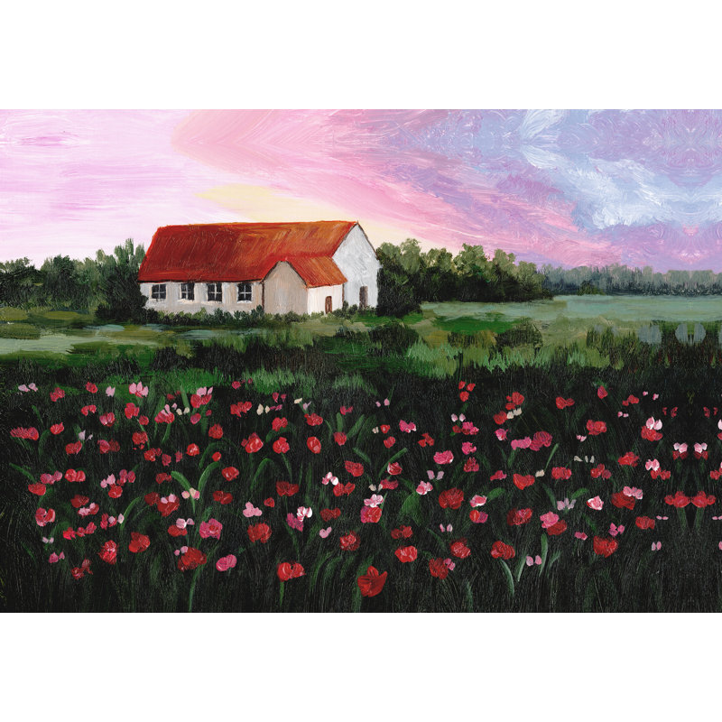 «Sunset Barn Pink Flower Field», reproduction d'art sur toile tendue, H 32 po x l 48 po