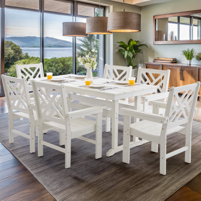 7 Piece Hdpe Outdoor Dining Set For 6, Patio Dining Furniture Set With Umbrella Hole, Outdoor Table And Chairs For Garden, Poolside, Backyard, Deck
