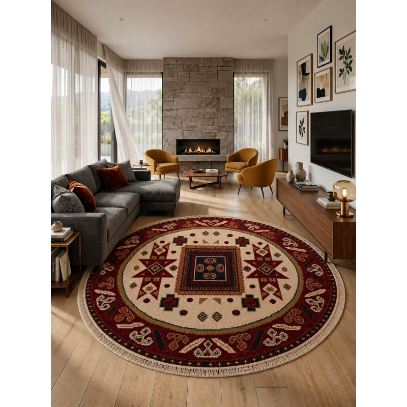 Tapis d'intérieur rond oriental en soie et laine crème bordeaux, noué à la main, couleur crème, tapis d'intérieur en soie et laine fait à la main.