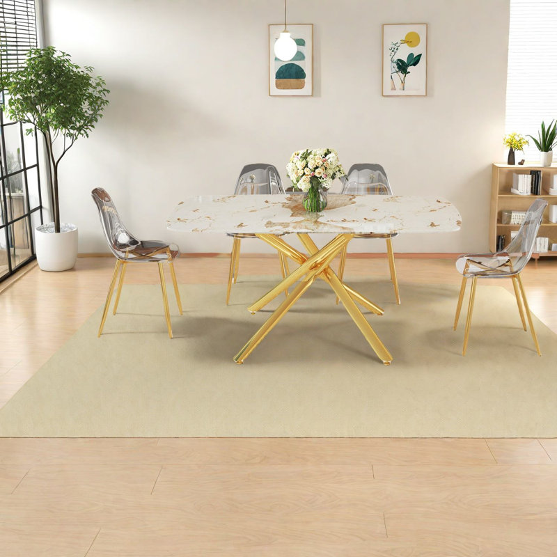 Ensemble de table de salle à manger Luxurious Modern, verre trempé marbré, chaises à cadre doré