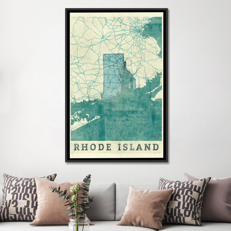 «Rhode Island Map», impression sur toile, H 26 po x l 18 po x P 1,5 po, Toile avec cadre noir, Pas de tapis