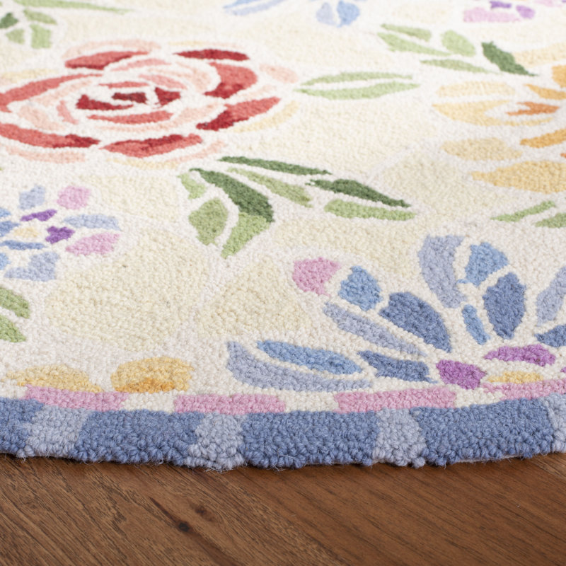 Papillon Hand Hooked Wool Pile Floral Rug, Round 4'