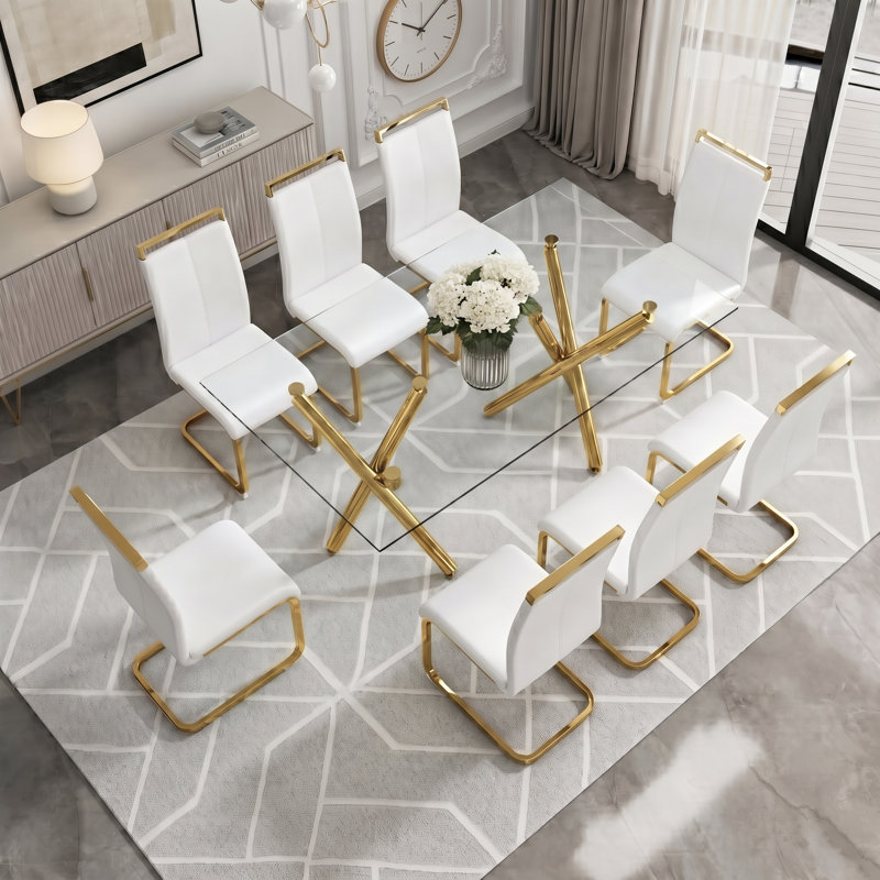 Ensemble de salle à manger rectangulaire moderne en verre avec cadre géométrique et chaises en porte-à-faux, Transparent