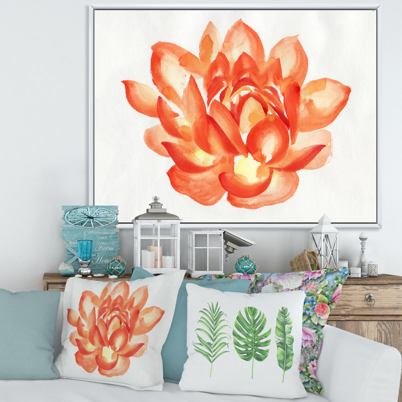 " Vintage Detail Of A Orange Lotus " Painting Print, White Framed Canvas, 16" H x 32" W x 1" D