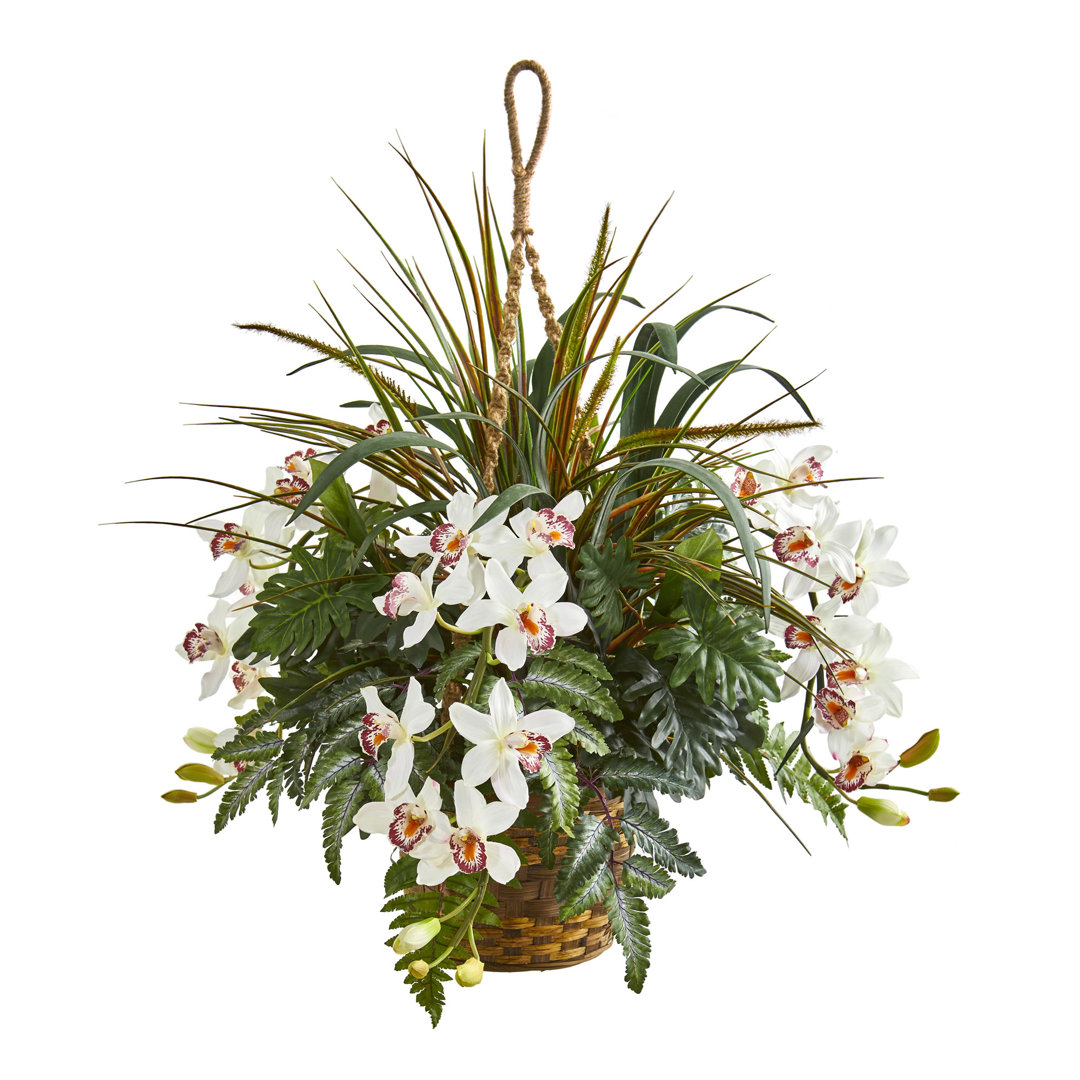 29'' Faux Flowering Plant in Wood Planter Charlton Home®