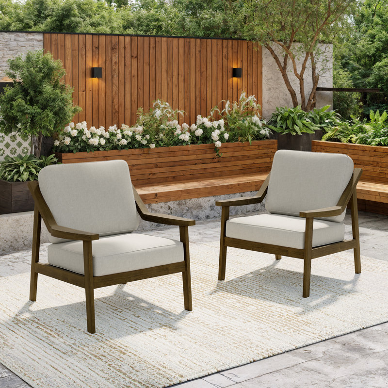 Marlo Solid Wood Teak Outdoor Lounge Chairs With Cushion And Arms, Brown, Light Camel