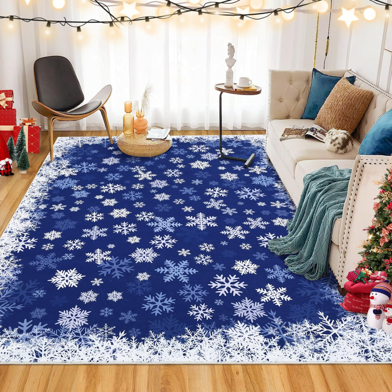 Christmas Snowflake Rug Washable Rug with Non Slip TPR Backing, Decorative Xmas Holiday Carpet, Low Pile Non Shedding Floor Covering, Soft Thin Foldable Mat for Living Room Bedroom