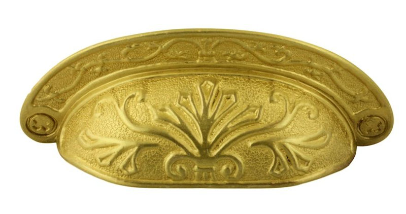 2-1/2" Baroque Scroll Work Cup Pull, Satin Brass