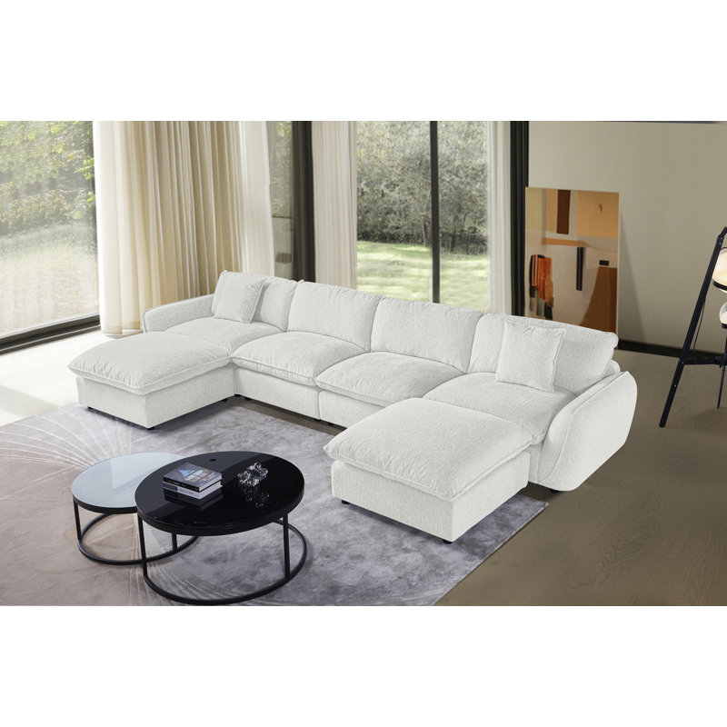 Très grand canapé modulaire rembourré en duvet 6 pièces avec repose-pieds Boucle, Chenille blanche