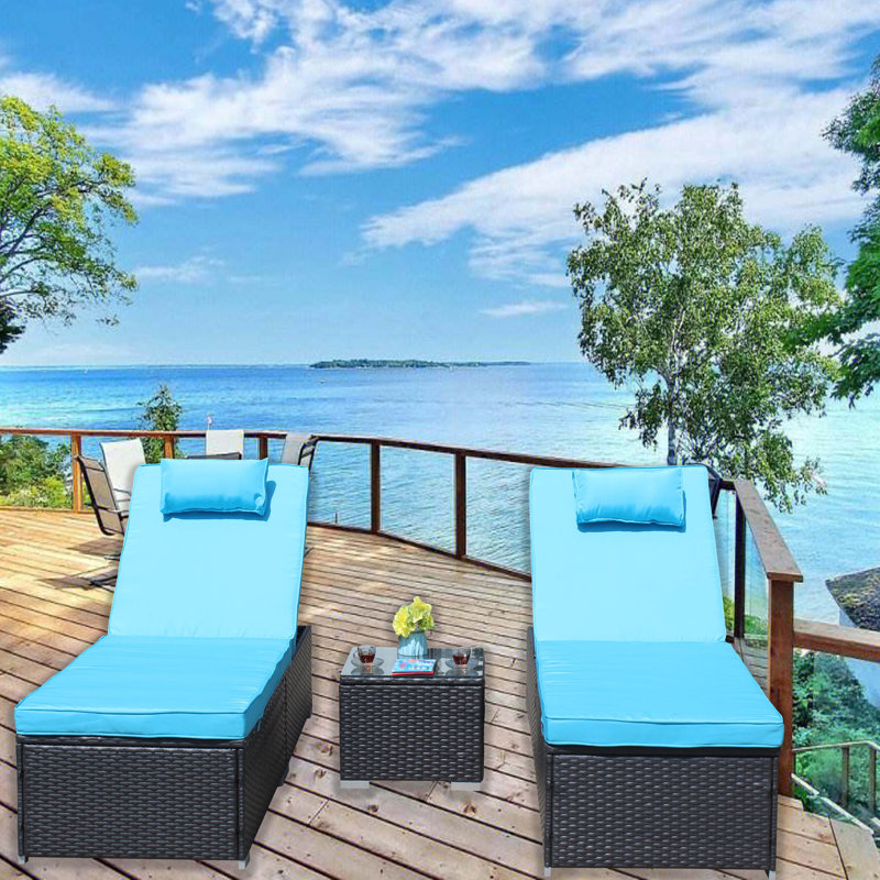 Ensemble de chaises longues d'extérieur 3 pièces, Bleu