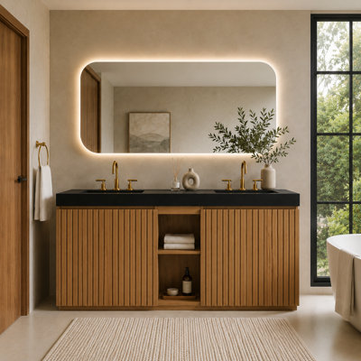 Meuble-lavabo sur pied de 152 cm (60 po) avec lavabo, robinetterie à 3 trous, grand espace de rangement, lavabo monobloc pour salle de bain moderne, sans bonde ni robinetterie.