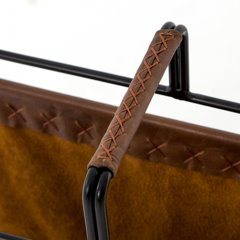Black Metal Freestanding Magazine Rack with Brown Leather Slings