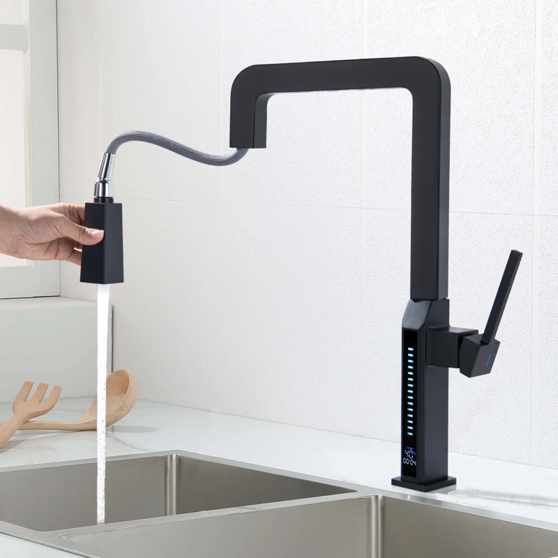 Digital Display Pull-Out Kitchen Faucet, Matte Black