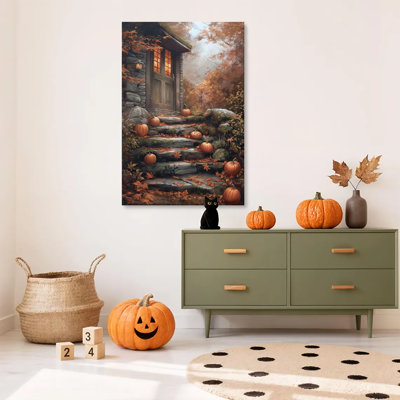 Tableau sur toile encadré (1 pièce), motif « Chalet citrouille chaleureux » pour l'Halloween, idéal pour le salon, la chambre, le bureau, la salle de bain, la chambre d'étudiant ou toute autre pièce. Prêt à accrocher.