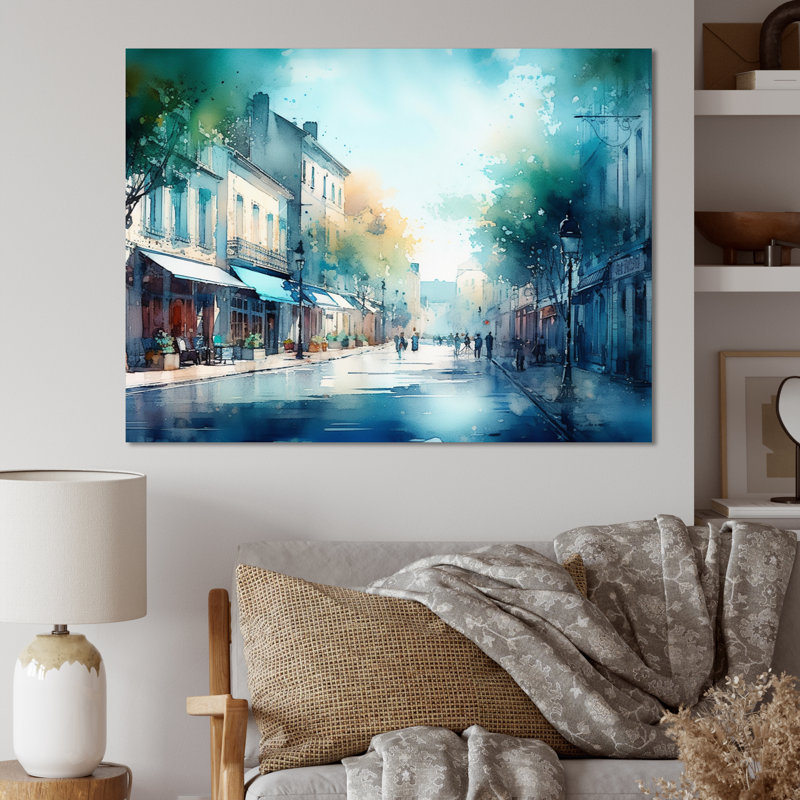 «Blue and Green French Small Town», reproduction d'art sur toile, H 24 po x l 32 po x P 1 po, Toile tendue