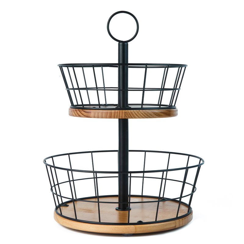 Bol à fruits à 2 niveaux - panier de fruits robuste en fer avec base en bois véritable, grand panier à fruits de 12 pouces pour comptoir de cuisine, coussinets en silicone antidérapants, solution de rangement pour fruits et légumes à 2 niveaux