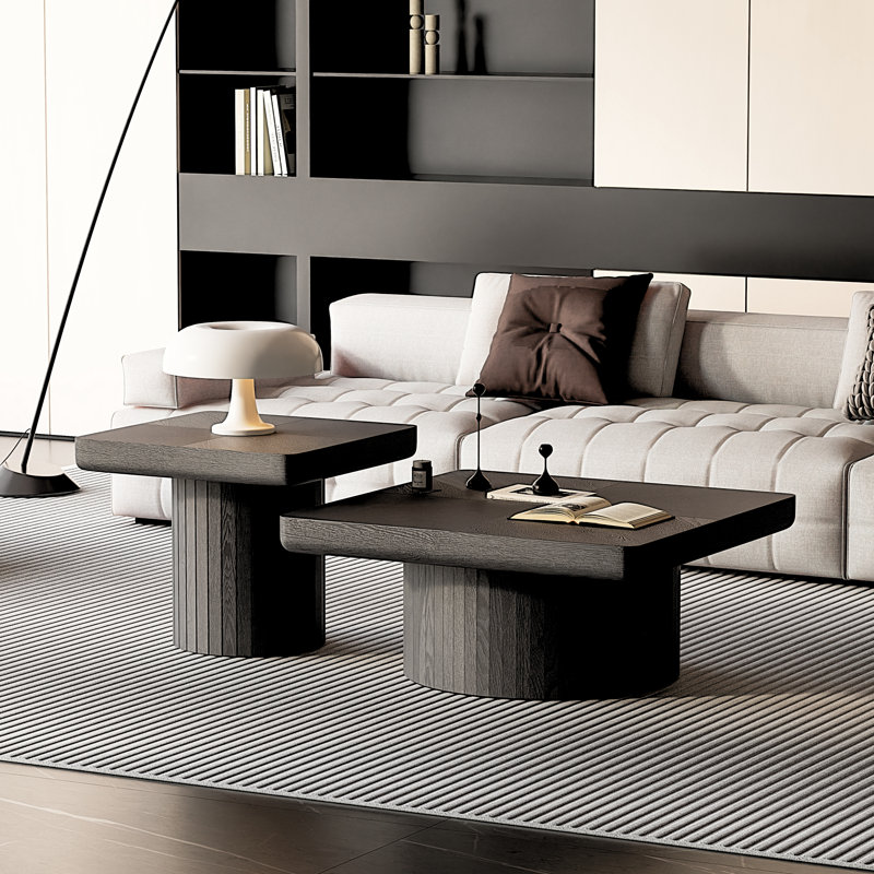 Ensemble de 2 tables basses gigognes modernes en bois noir, table basse et table d'appoint gigognes minimalistes avec piétement cylindrique et cannelé, tables d'appoint wabi-sabi polyvalentes pour le salon