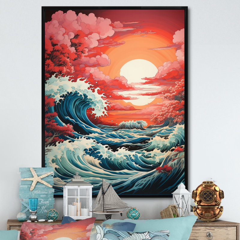 " Dramatic Ocean Waves V ", Black Floater Framed, 32" H x 16" W x 1" D