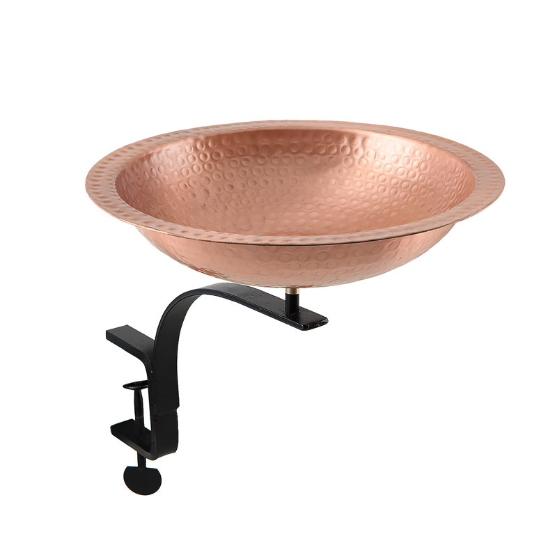 Hammered Solid Copper Birdbath with Rail Mount Bracket