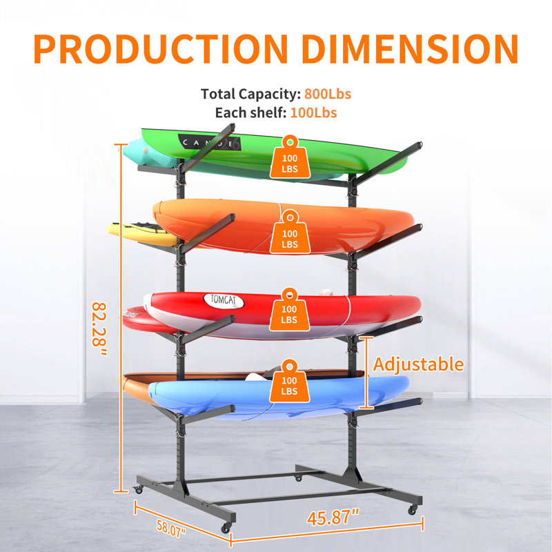 Heavy - Duty Kayak Storage Rack, 800 lbs Capacity, Vertical 8 - Kayak Holder with Adjustable Shelves, Rust - Resistant Steel for Garage/Outdoor, Paddleboard Hooks & Gear Protection