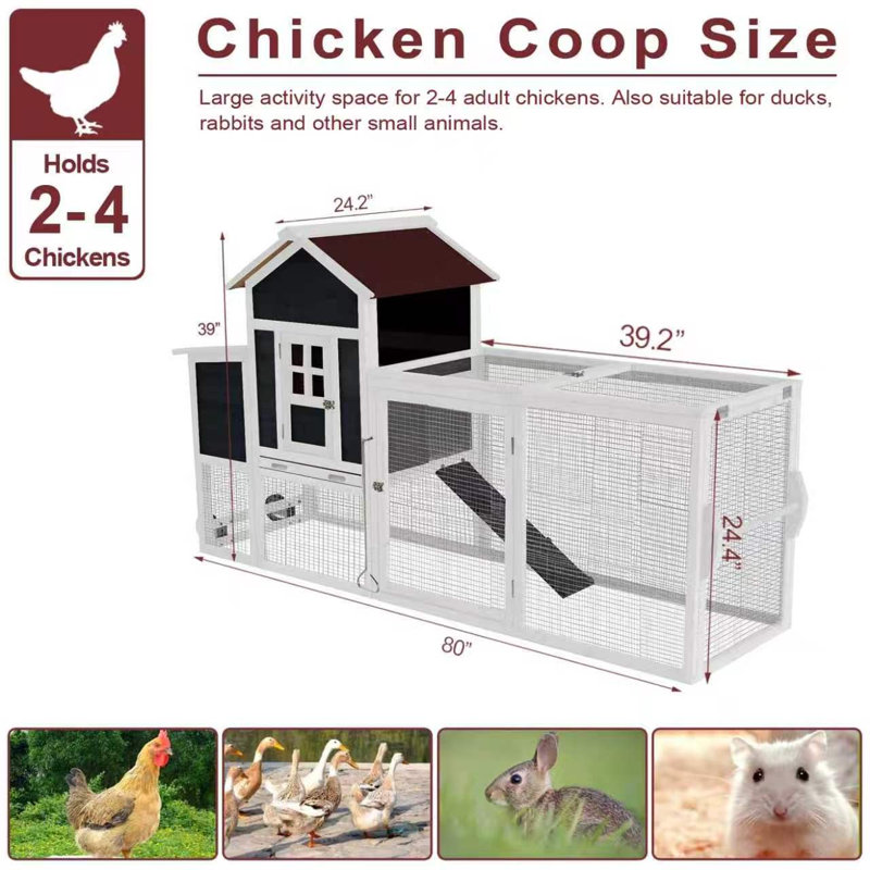 Poulailler en bois pour 3 poules, Black & White with Wheels