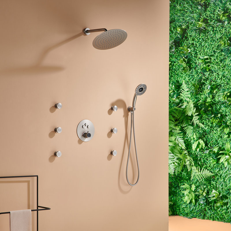 Thermostatic Rainfall Shower System with Rough in-Valve and Digital Display Handheld, Brushed Nickel