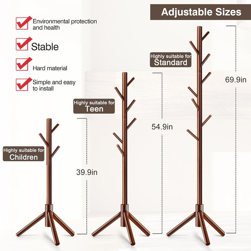 Multi-Height Wooden Coat Rack For Kids & Adults – 8 Hooks, Stable Triangular Base, Tool-Free Assembly For Entryway, Bedroom, And Office.(Brown)