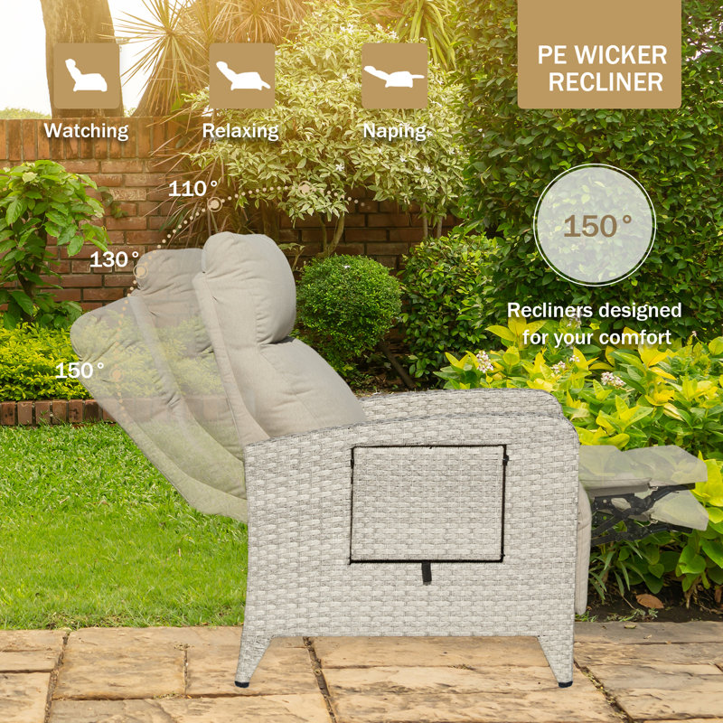 Fauteuil inclinable d'extérieur en osier avec table Dasai, Beige, Gris crémeux