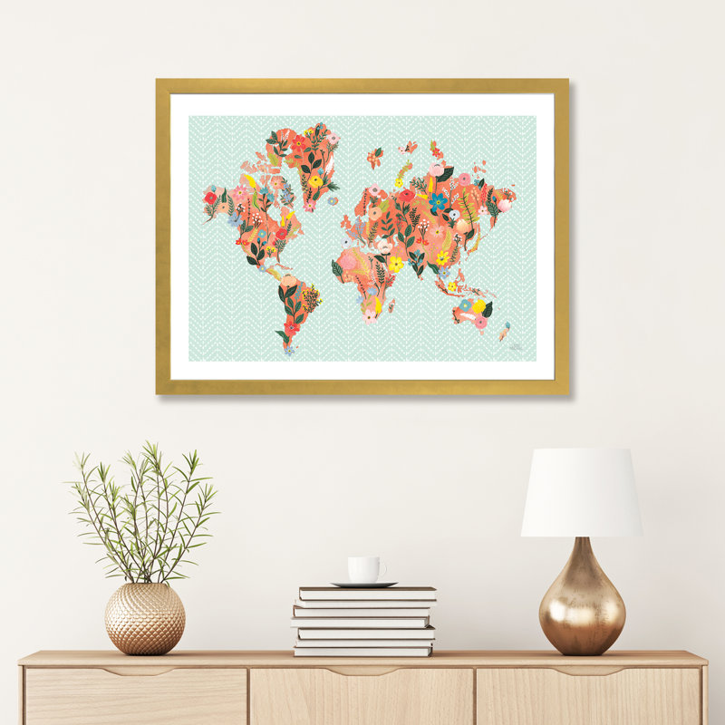 «Wild Garden World» par Laura Marshall - impression d'art graphique, H 24 po x l 32 po x P 1 po, Papier encadré doré, Blanc
