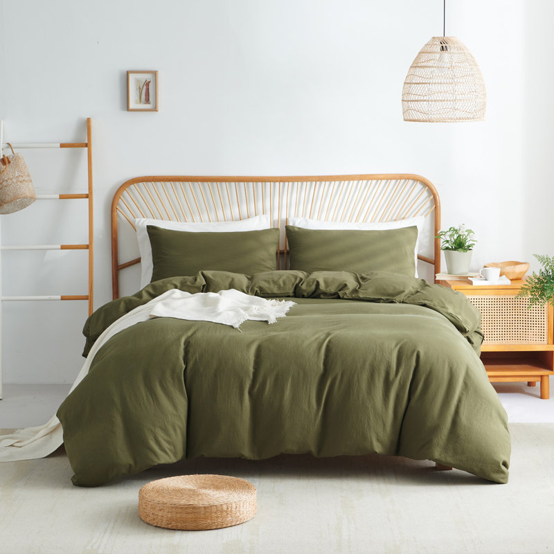 Nayoroom Washed Cotton Plain Breathable Simple and stylish Duvet Cover Set, King Duvet Cover + 2 King Pillowcases, Green
