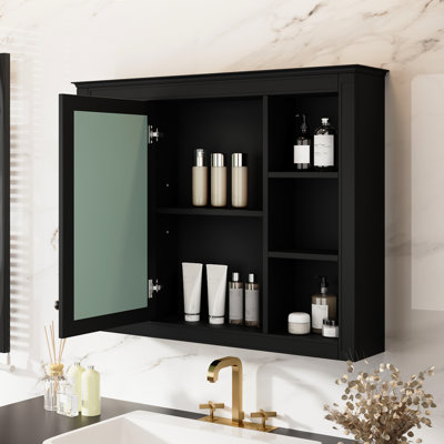 Armoire de rangement de salle de bain noire 35 po x 27,5 po, conception moderne, matériau principal, avec miroir mural 35 po x 27,5 po, solution polyvalente