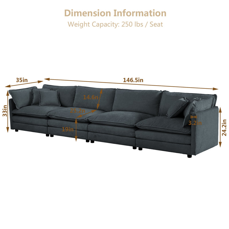 Chenille Cloud Canapé, canapé 4 places pour le salon , H 33 po x l 146,5 po x P 35 po, 4, Gris
