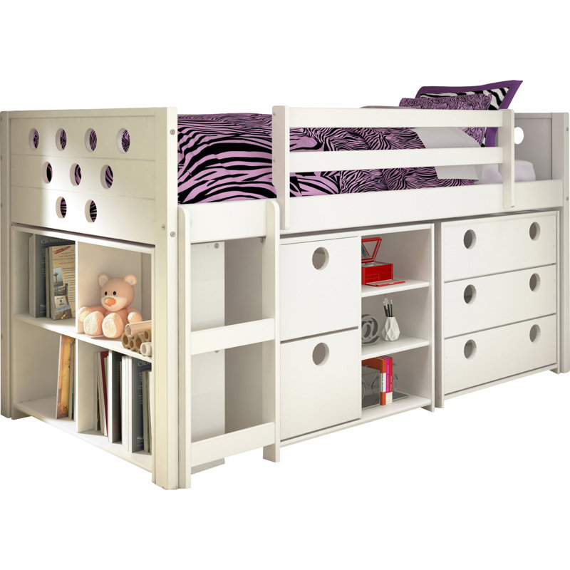 Abey Circles Twin Loft Bed with Storage and Bookcase, White