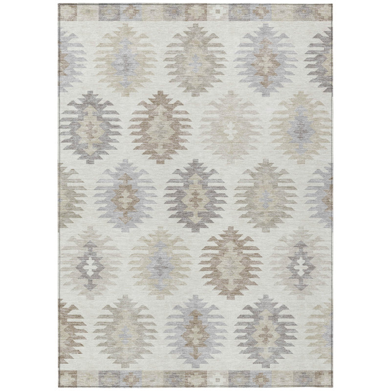 Ivory Rectangular Machine-Washable Indoor/Outdoor Area Rug