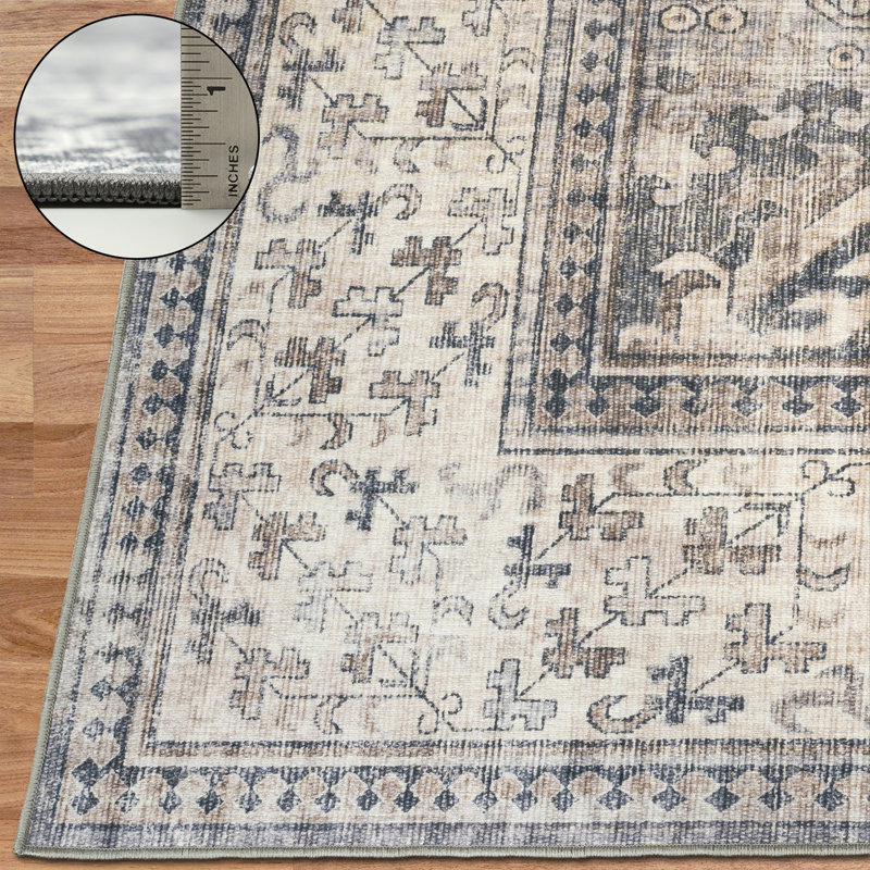 Nel Paz Border Beige Gray Ivory Machine Washable Area Rugs, Rectangle 5' x 7'