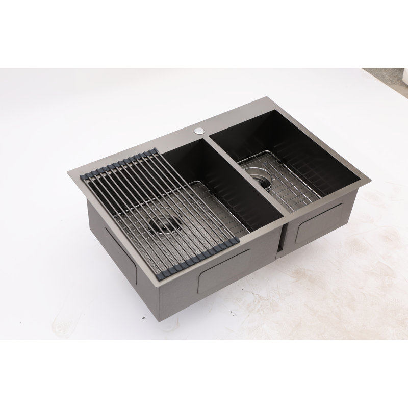 Évier de cuisine à double cuve en acier inoxydable de calibre 18, 33 po x 22 po, noir et acier