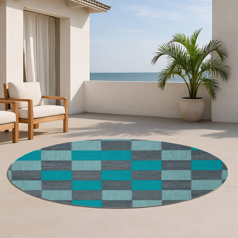 Tapis d'intérieur et d'extérieur à carreaux gris, Rond 5 pi