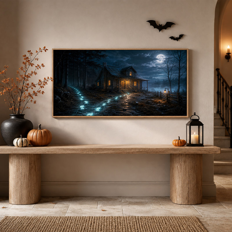 Cabane en rondins au clair de lune avec empreintes de pas bleues lumineuses - Toile murale d'Halloween, L 58 po x H 28 po