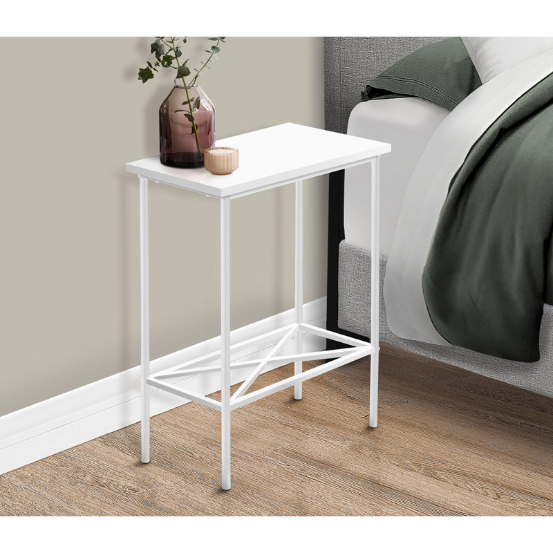 Table d'appoint, côté, bout, étroit, petit, 2 niveaux, stratifié blanc, métal blanc, contemporain, moderne